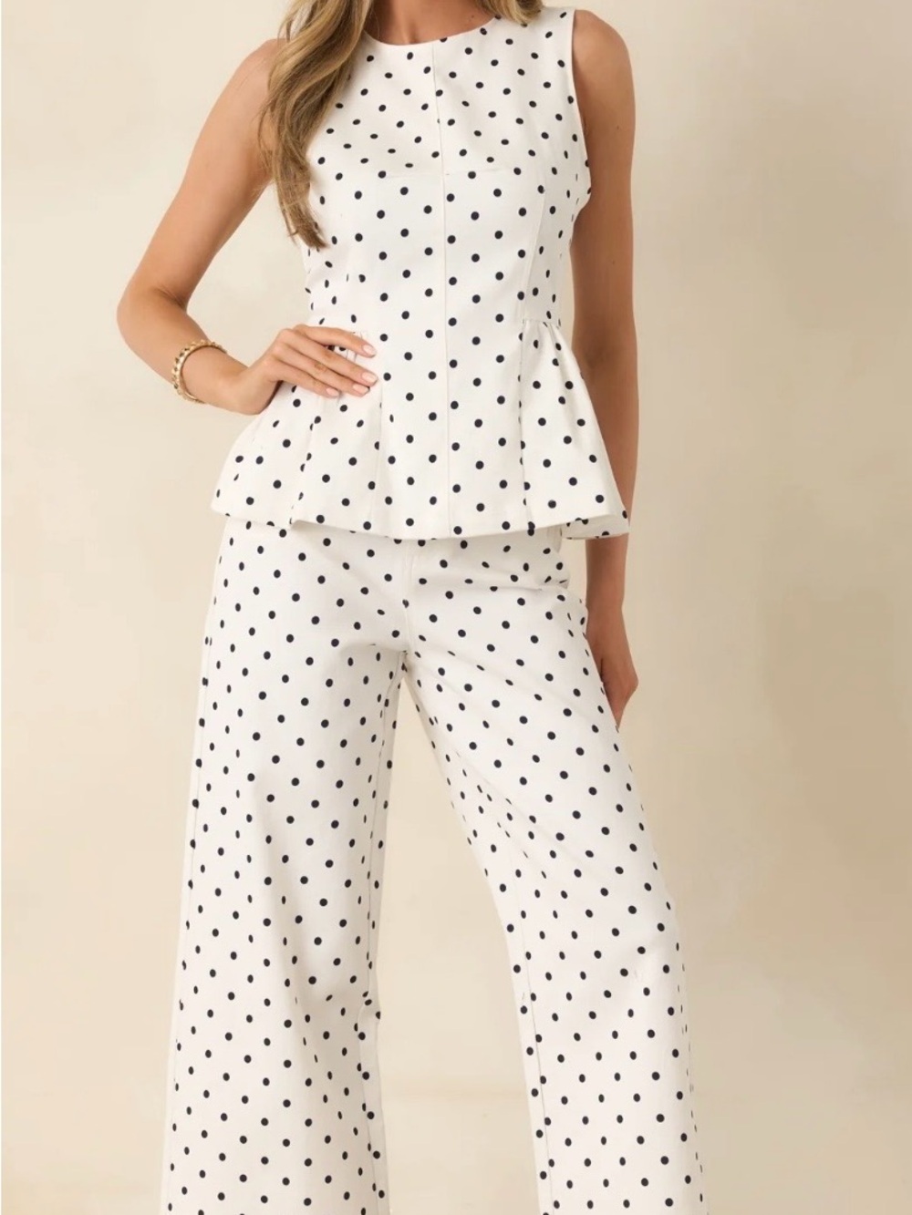 entro White Polka Dot Sleeveless Peplum Top and Wide Leg Pants Set